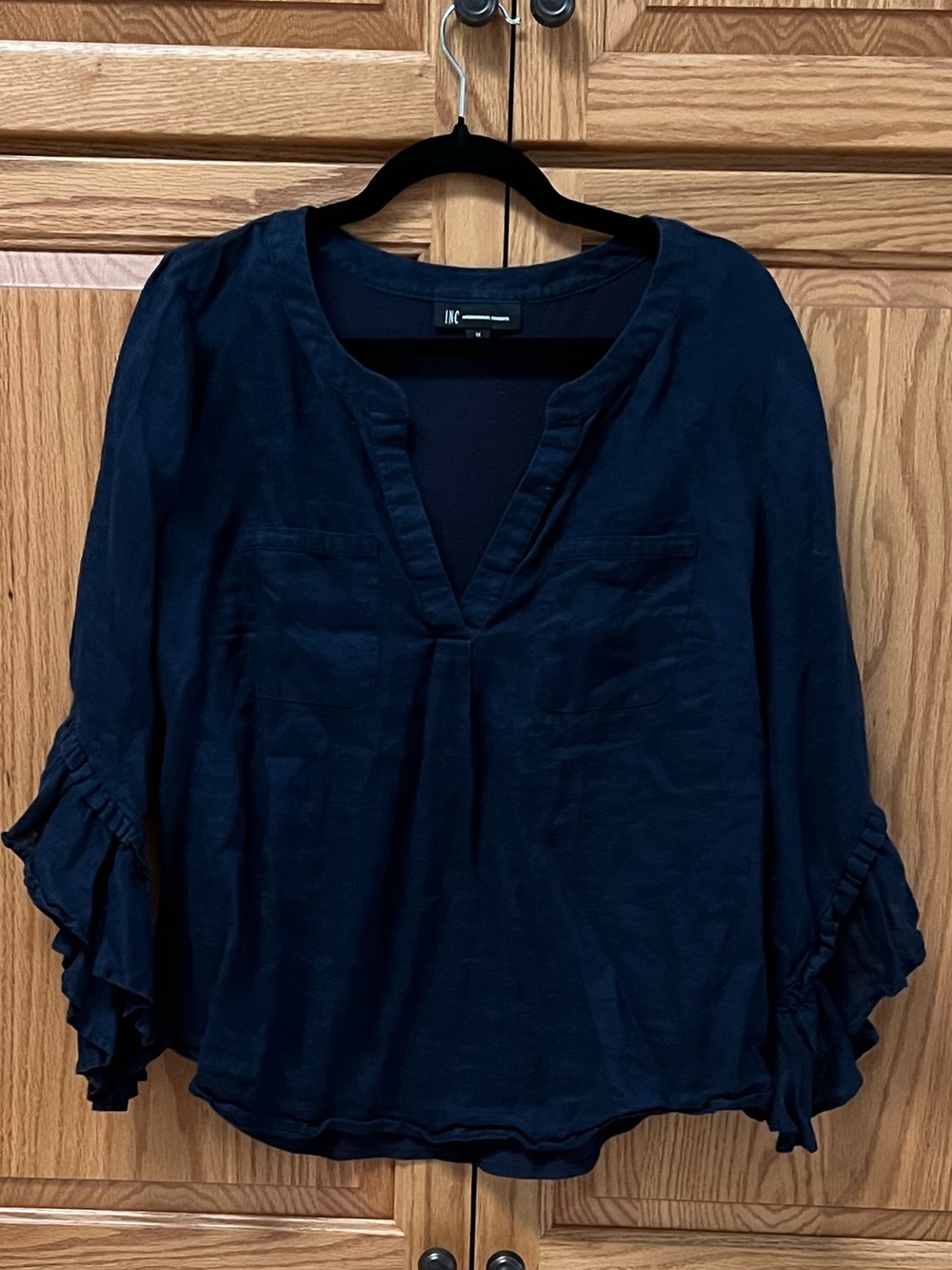 INC International Concepts Navy V-Neck Ruffle Sleeve Tunic W/Pockets,GUC,Size 1X